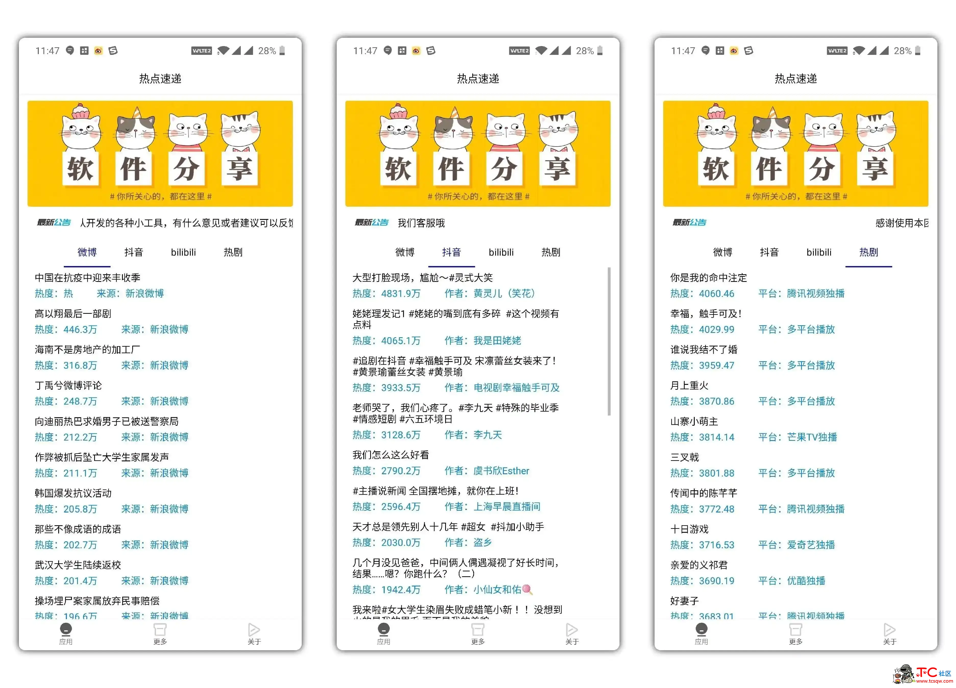 热点速递 集成了微博、抖音、B站等多平台为一体！ TC辅助网www.tcsq1.com1798