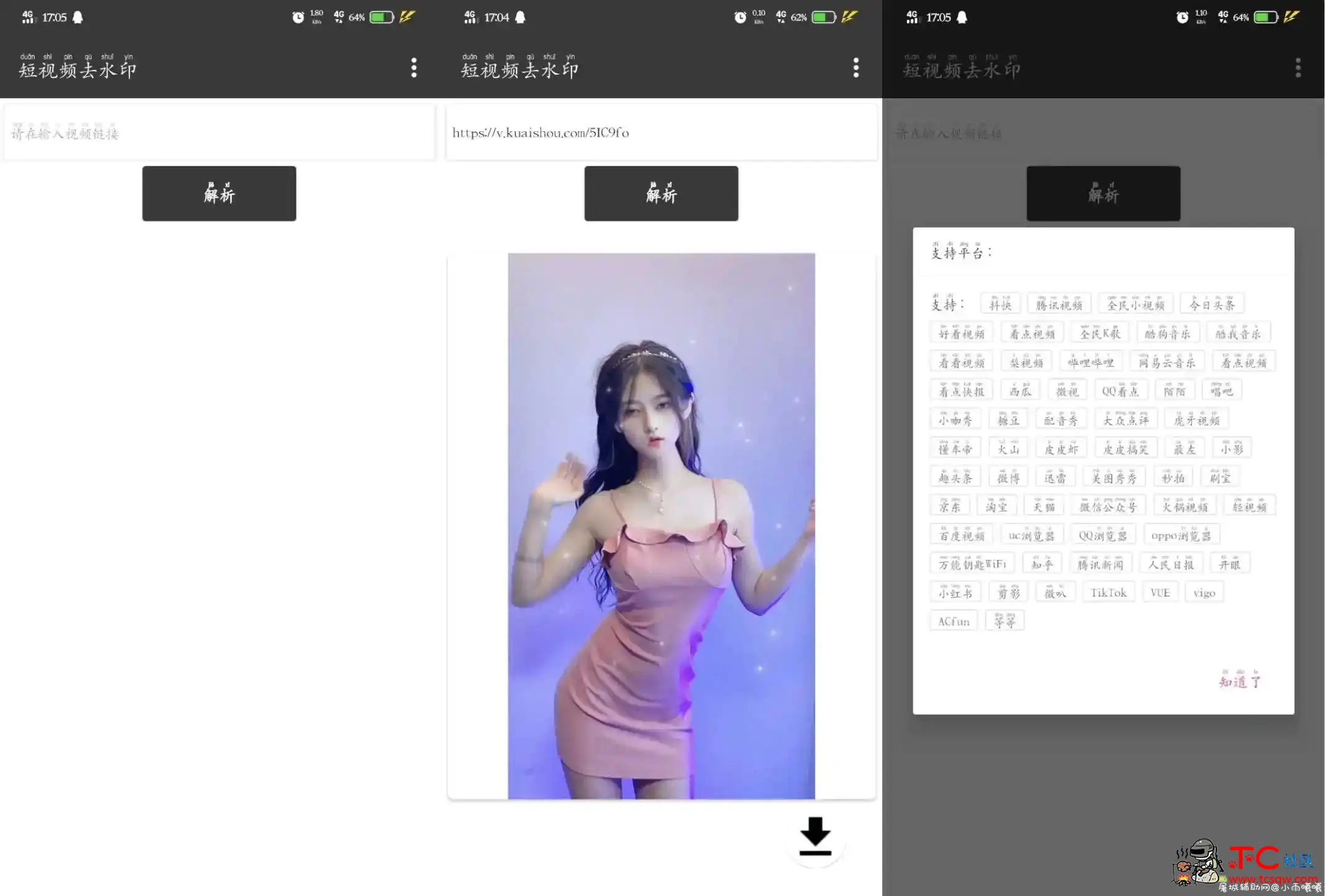 短视频去水印1.0助手 支持60+平台 TC辅助网www.tcsq1.com768